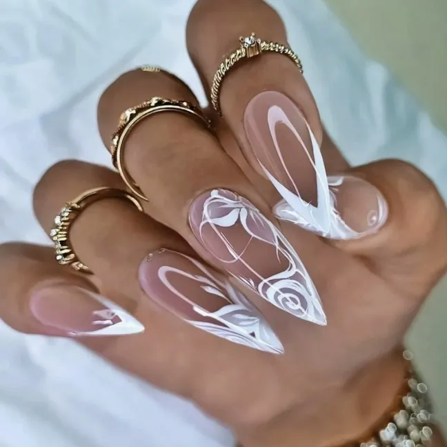 Stiletto Press On Nails Nude Pink White French Tip Flower Hand Painted Design Elegant Artificial Fingernails