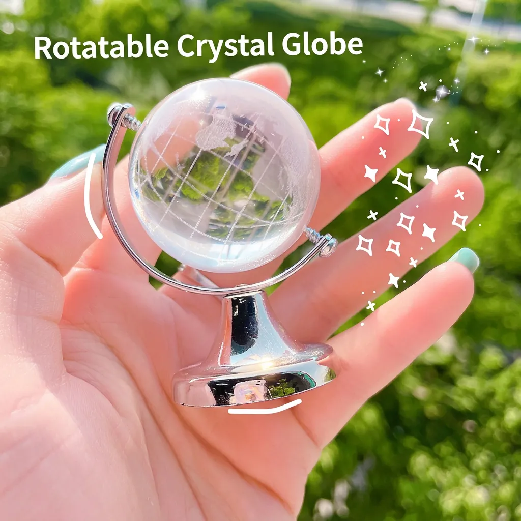 Mini Crystal Globe Desktop Ornament Rotatable Transparent Glass Earth Model Metal Stand Office Study Decoration Gift