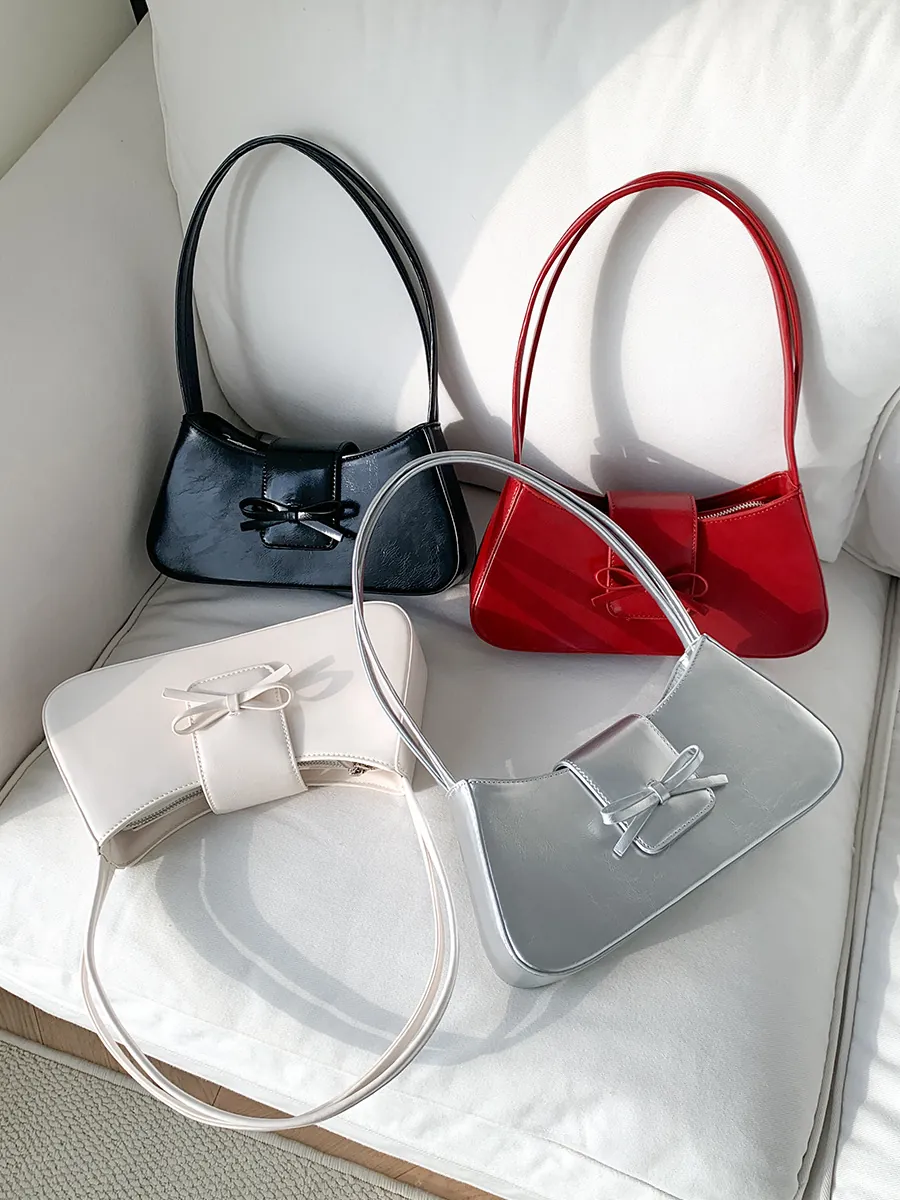 Damen PU Leder Achseltasche Baguette Tasche Mit Schleife Dekor Minimalistische Schicke Schulterhandtasche