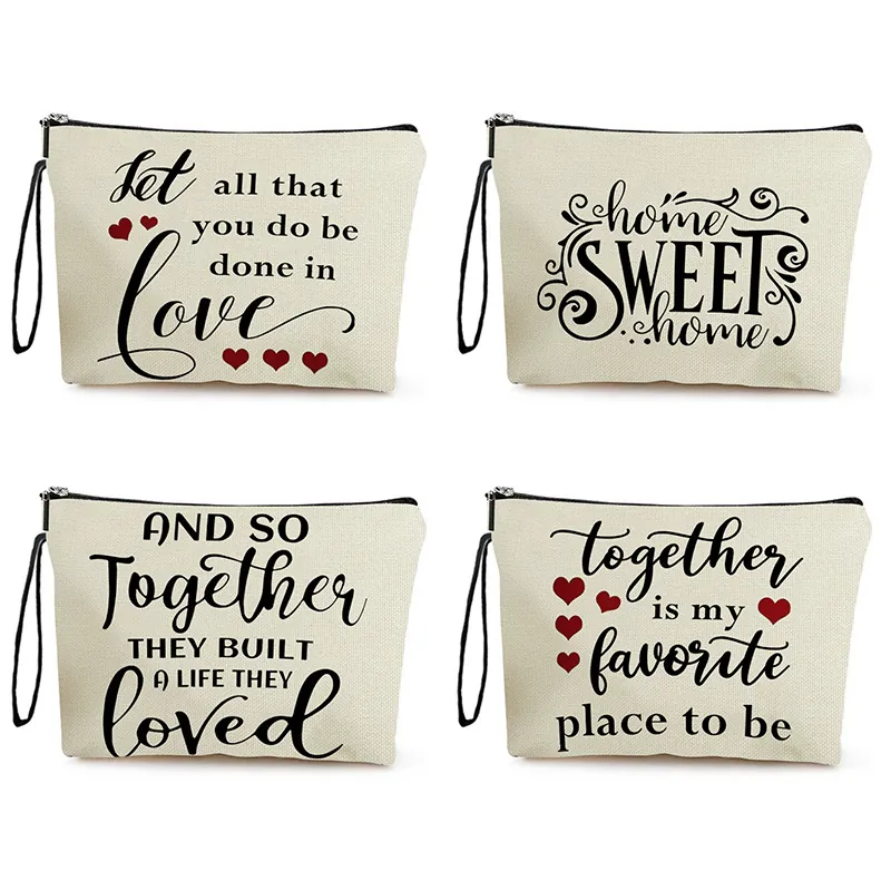 Trousse Cosmétique Toile Lin Pochette Maquillage Avec Fermeture Éclair Dragonne Citation Lettre Cœur Imprimé Cadeau