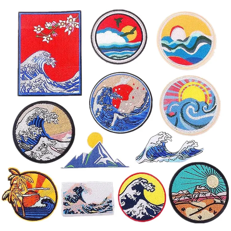 Ukiyo-e Great Wave Embroidery Patches Iron On For Clothing Polyester Landscape Sunset Mountain DIY Applique Badges Decorative