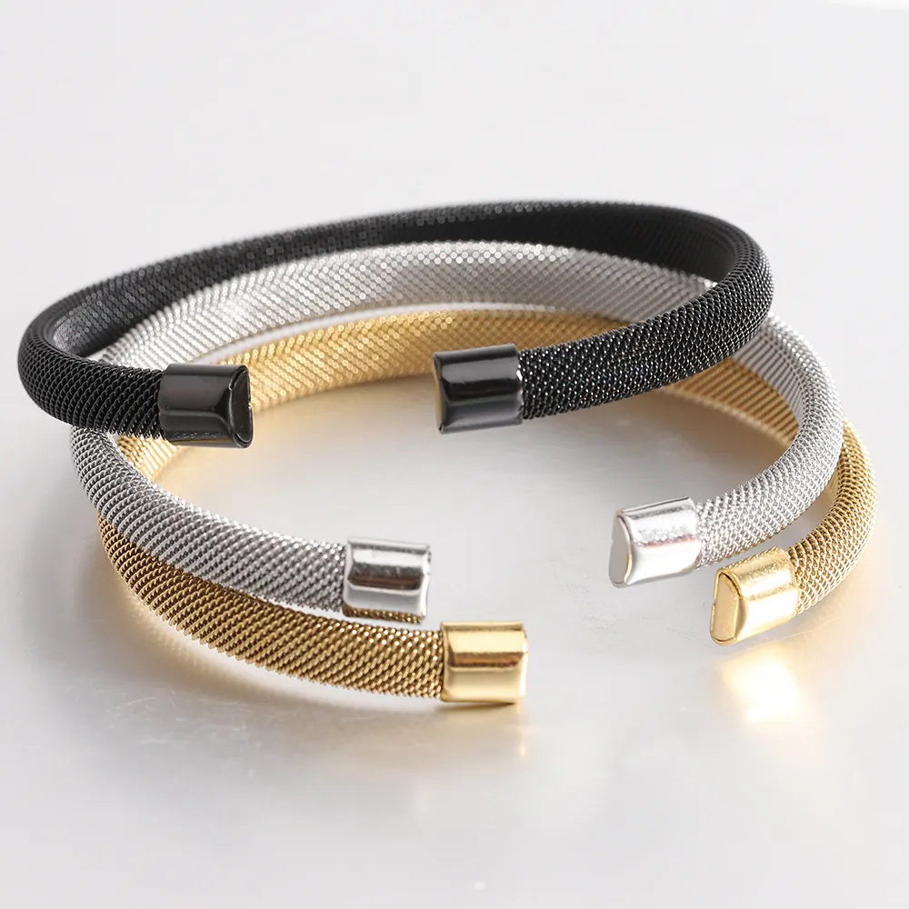 Minimalist Mesh Cuff Bracelet Stainless Steel C Shape Open Flexible Fashion Versatile Jewelry For Women Men