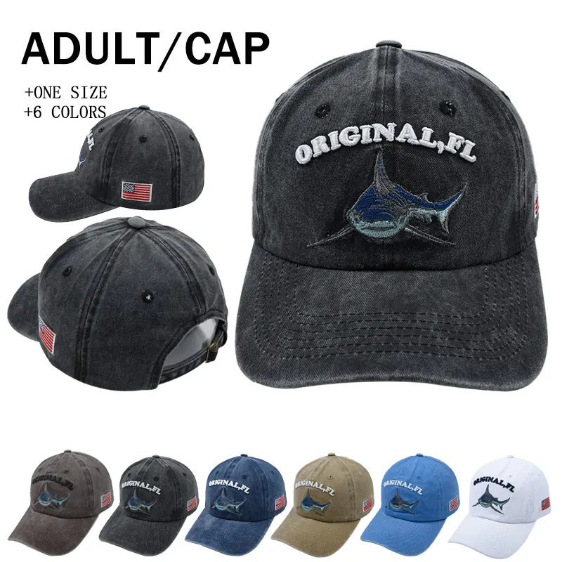 Vintage Washed Cotton Baseball Cap Shark Embroidery American Flag Patch Retro Distressed Hat Unisex Original FL