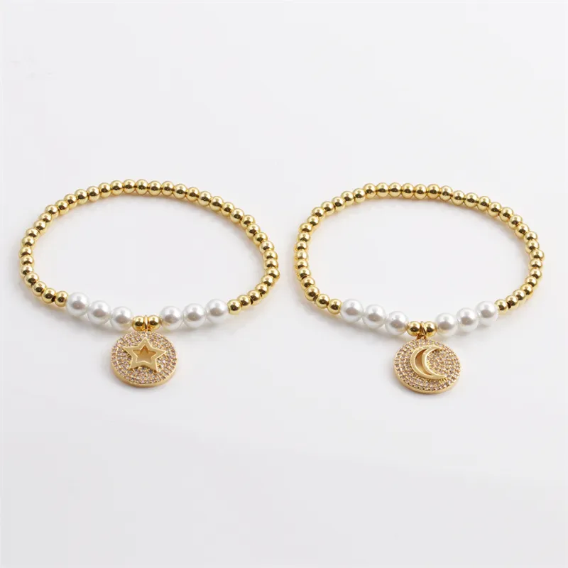 Stern Mond Anhänger Künstliche Perlenarmband Kupferperlen Künstliche Perle Mikropflaster Zirkon Eleganter Schmuck Für Damen