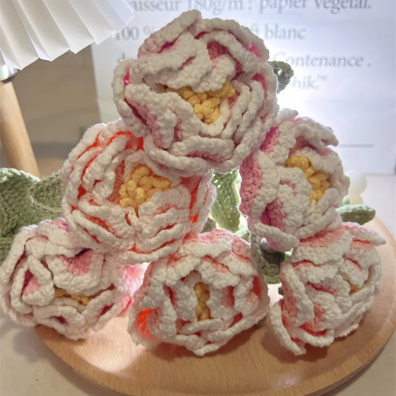Handmade Crochet Knitted Peony Flower Yarn Artificial Floral Creative Home Decor Gift Desktop Ornament