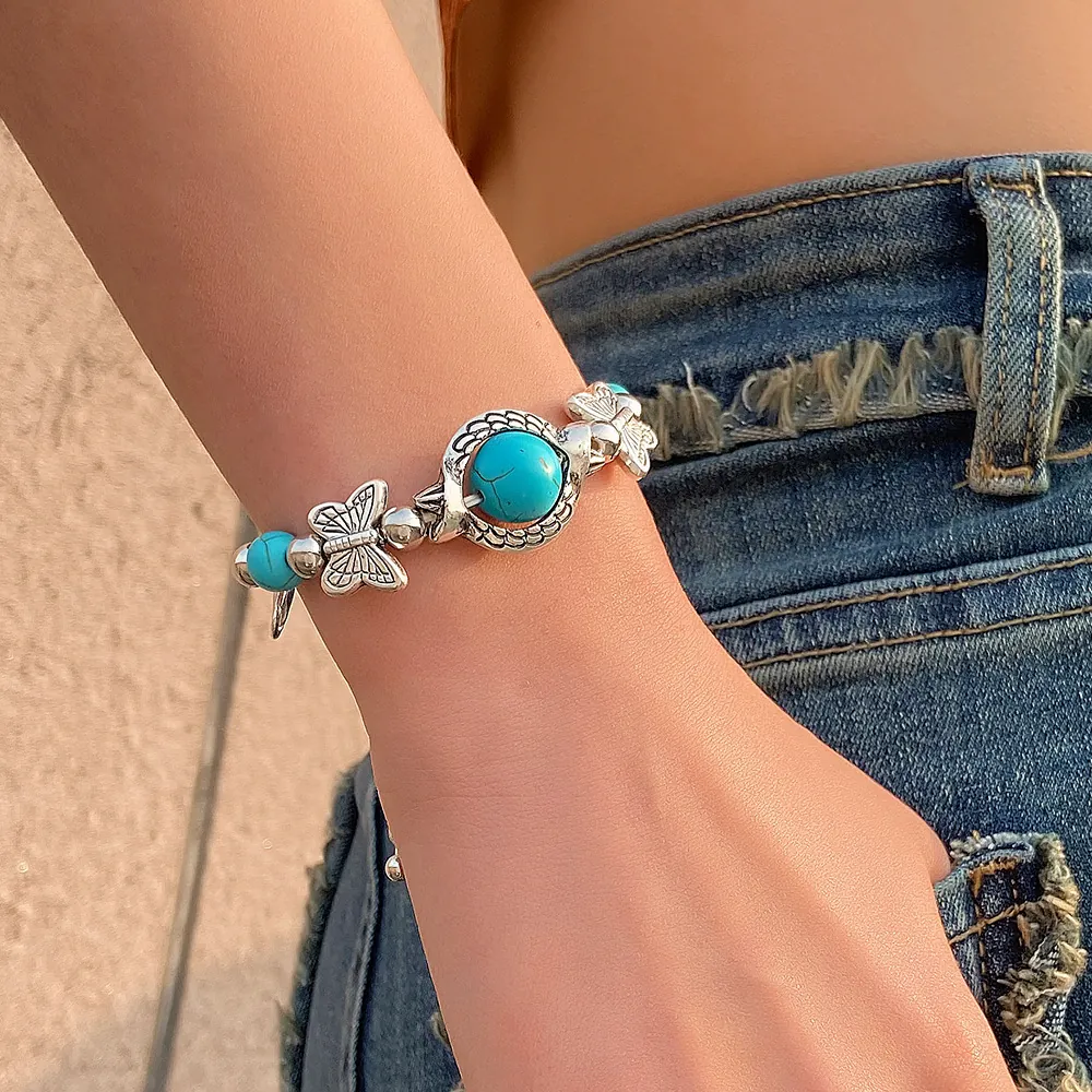 Bracelet Alliage Boho Rétro Turquoise Synthétique Oeil Du Mal Papillon Tortue Charme Bijoux Ethniques Réglable