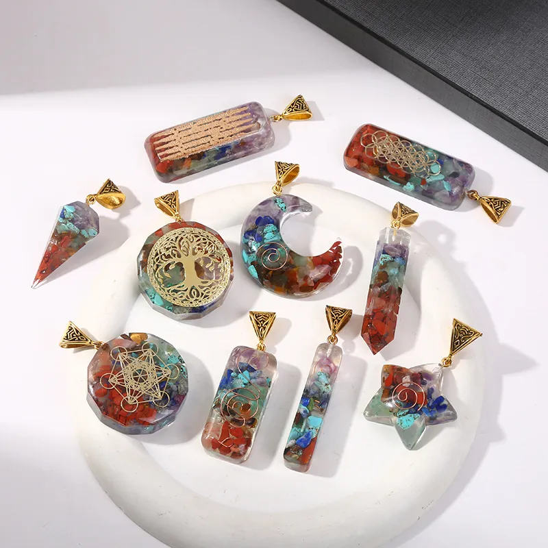 Orgonite 7 Chakra Necklace Natural Crystal Chips Resin Pendant Tree Of Life Sacred Geometry Healing Energy Yoga Meditation
