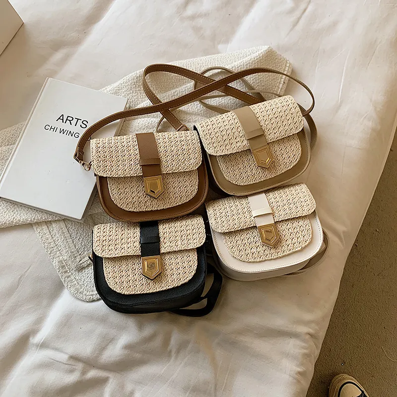 Sommer Stroh PU Leder Patchwork Satteltasche Geflochtene Schulter Umhängetasche Mit Schlossverschluss Lässige Handtasche Für Damen