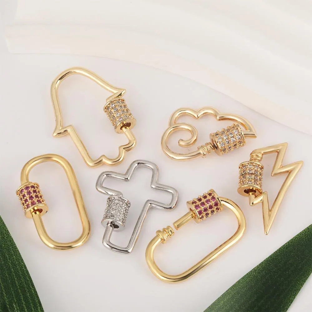 Chiusura Pendente Rame Micro Pavè Zirconia Croce Mano Di Fatima Connettore A Vite Per Creazione Gioielli DIY Lusso