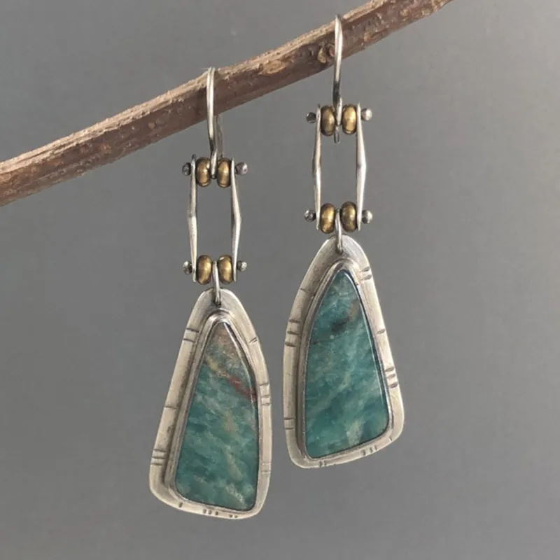 Retro Etnische Hangende Oorbellen Voor Dames Geometrische Trapezium Natuurlijke Amazoniet Antiek Zilveren Legering Messing