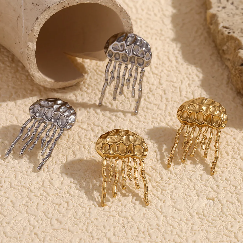 Boucles d'Oreilles Méduse À Franges Acier Inoxydable Avec Placage Or 18K Texture Martelée Bijoux Océan Pour Femmes