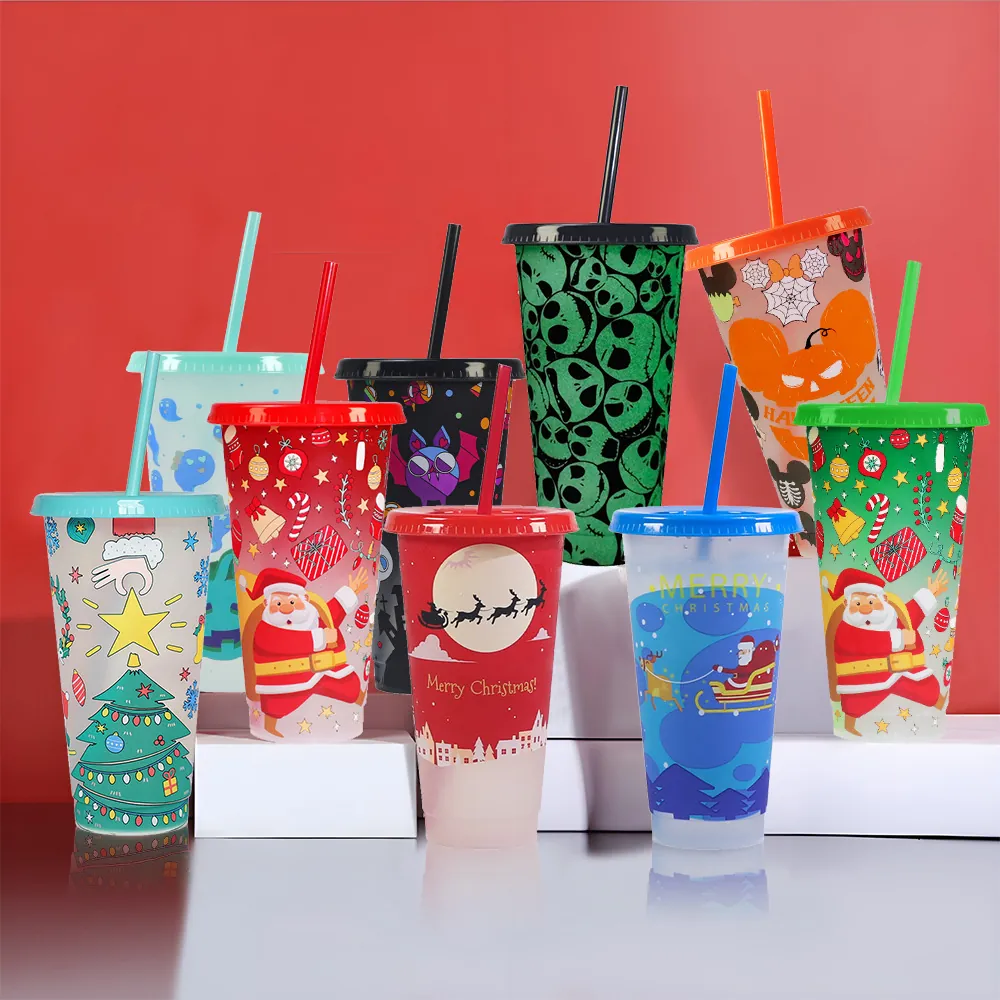 Bicchiere Freddo in Plastica con Cambiamento di Colore con Cannuccia Riutilizzabile per Feste Halloween Natale