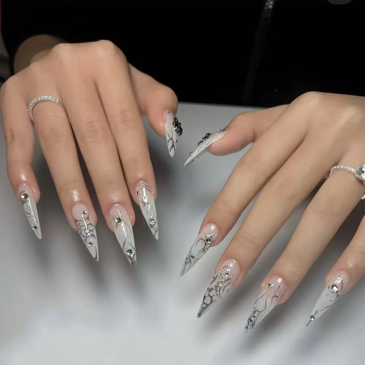 Gothic Halloween Press On Nails Long Stiletto Milky White Silver Metallic Flame 3D Spider Rhinestone Decor Cyberpunk
