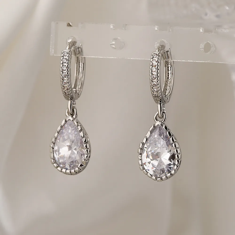 Teardrop Dangle Earrings Gold Plated Copper Clear Zircon Pear Cut Elegant Niche Jewelry For Women