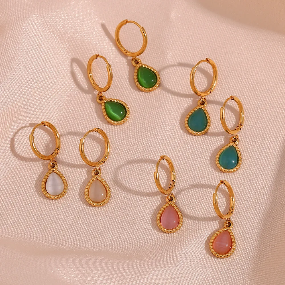 Water Drop Cat Eye Stone Dangle Hoop Earrings Stainless Steel Gold Plated Elegant Geometric Jewelry For Women
