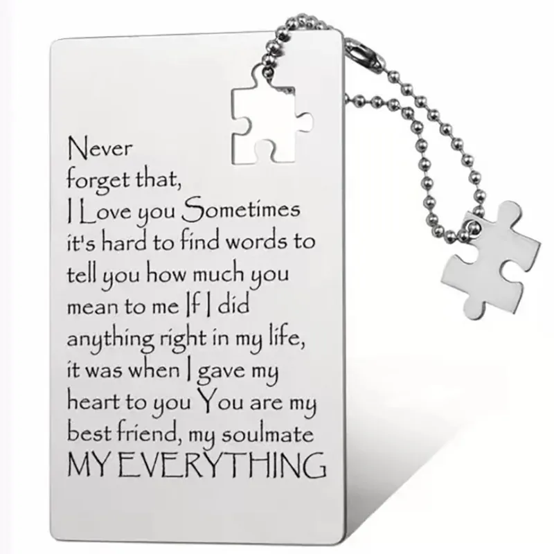 Stainless Steel Laser Engraved Wallet Insert Card With Puzzle Piece Necklace Set For Husband Soulmate Romantic Gift Jewelry