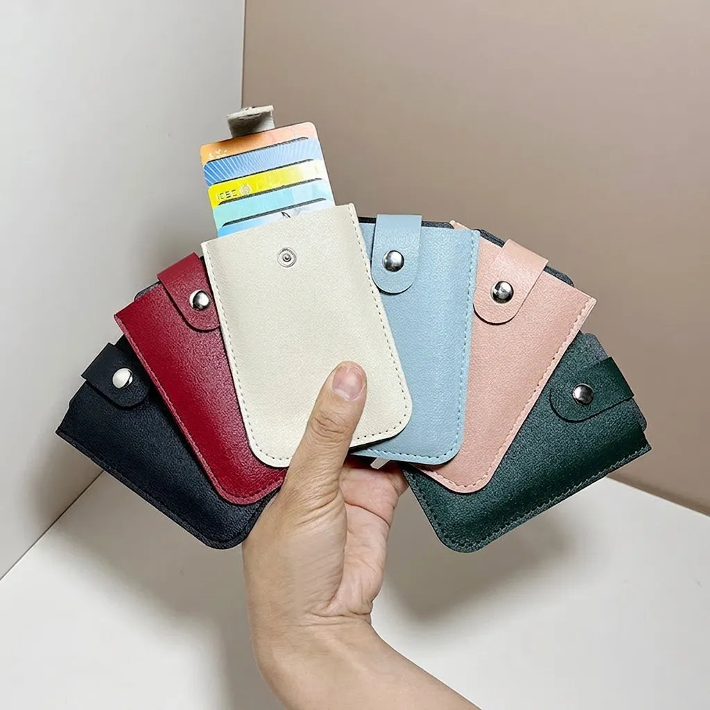 Slim Card Holder PU Leather Litchi Grain Pull-out Design Multi Slot Metal Snap Button Portable Organizer For Unisex