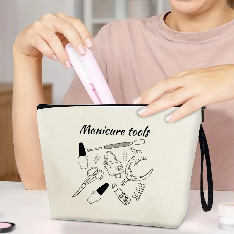 Portable Canvas Makeup Bag With Zipper Multi Functional Travel Toiletry Pouch Organizer With Wrist Strap Minimalist