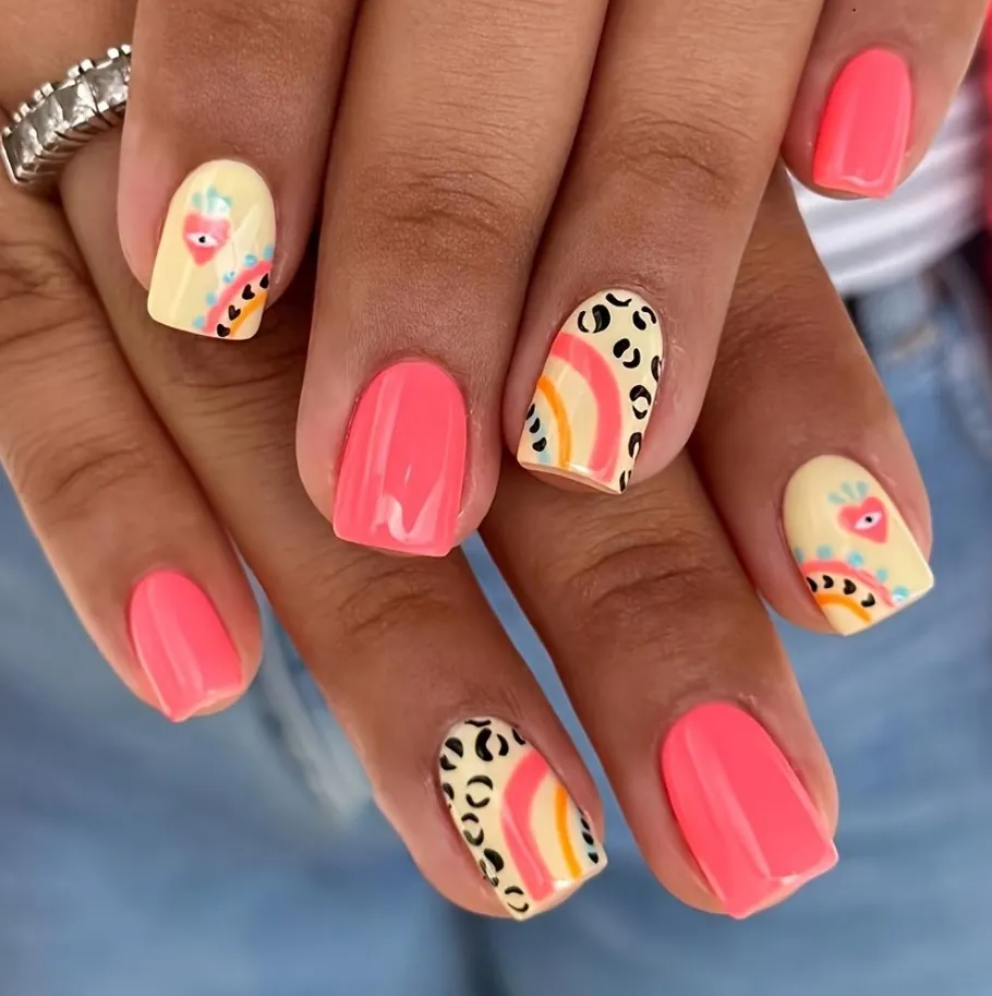 Leopard Print Press On Nails Heart Eyes Pattern Square Wearable Fake Nails Artificial Manicure Art For Women