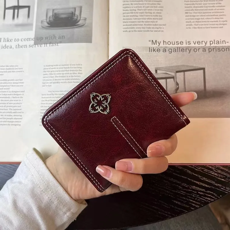 Women Small PU Leather Wallet Short Fold Coin Purse With Zipper Pocket Contrast Stitching Retro Style