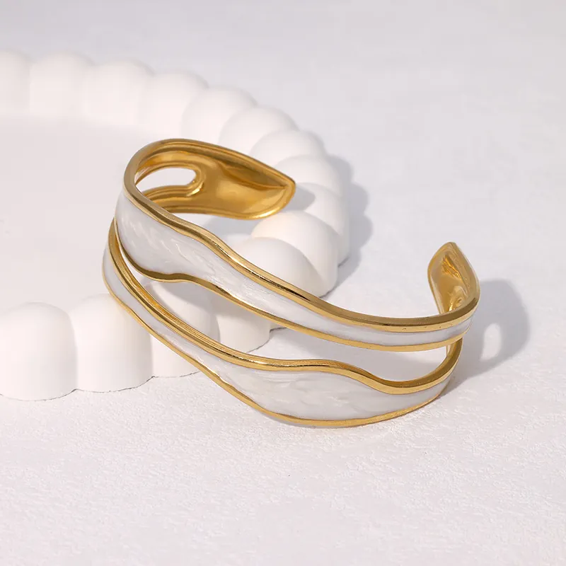 Irregular Wave Cuff Bracelet Stainless Steel Gold Plated Enamel Drip Oil Minimalist Luxury Style Jewelry For Women