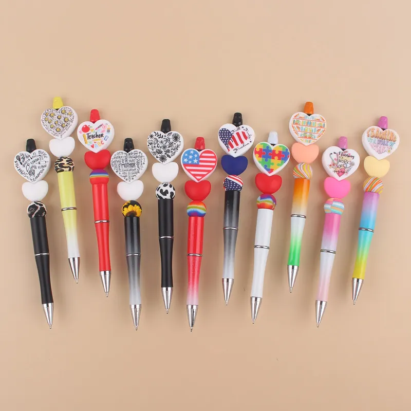 Beaded Ballpoint Pen Heart Topper Plastic Silicone Beads DIY Creative Stationery Office School Teacher Nursing Gift
