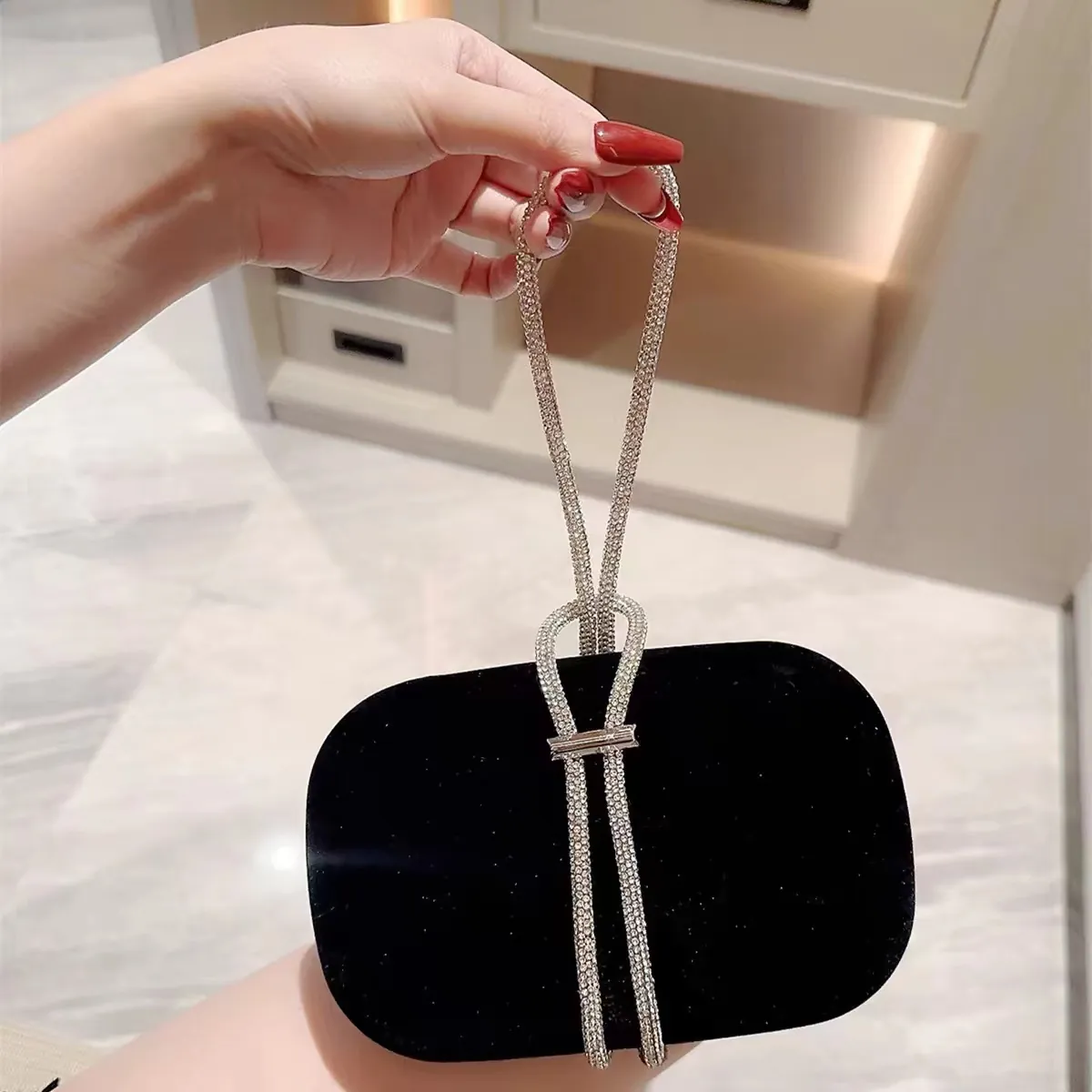 Elegant Women Evening Clutch Bag Satin Velvet Rhinestone Knot Handle Wedding Party Dinner Handbag Prom Bag