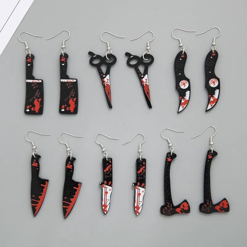 Horror Bloody Weapon Hook Earrings Acrylic Cleaver Scissors Dagger Axe Halloween Gothic Punk Party Costume Jewelry Accessory