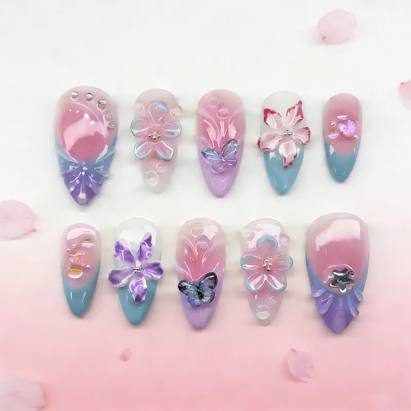 Handmade Gradient Press On Nails With 3D Flowers Butterflies Rhinestones And Artificial Pearls Almond Oval French Style For Women