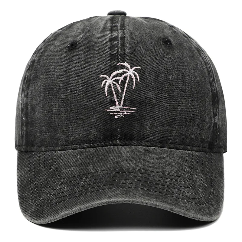 Vintage Washed Cotton Baseball Cap Palm Tree Embroidery Distressed Dad Hat Adjustable Curved Brim Casual Unisex Sun Hat