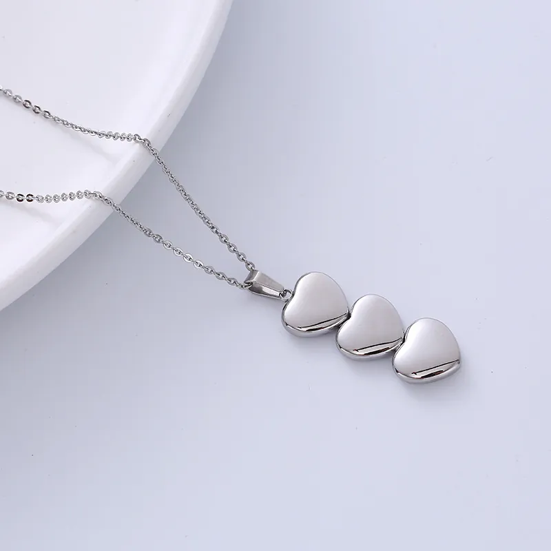 Triple Heart Pendant Necklace 316L Stainless Steel Minimalist Polished Silver Tone Jewelry For Women
