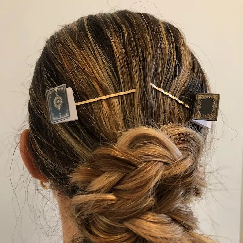 Miniature Livre Barrette à Cheveux pour Femmes Vintage Alliage d'Or Pinces à Cheveux Créatif Cadeau pour Bibliothécaire Professeur