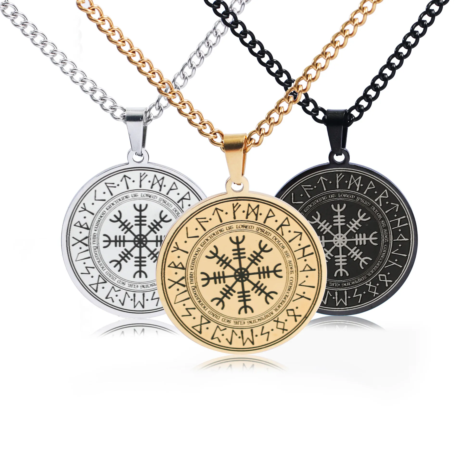 Viking Odin Rune Pendant Necklace Stainless Steel Vegvisir Compass Round Nordic Mythology Jewelry For Men Retro Style