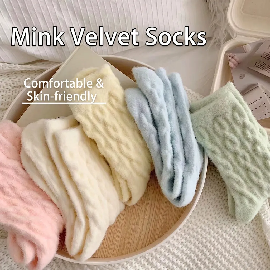 Women Winter Warm Crew Socks Thickened Cable Knit Soft Plush Australian Velvet Style Solid Color Cozy Home Indoor Socks