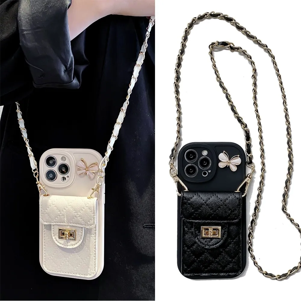 Elegant Quilted Silicone Crossbody Phone Case With Card Bag Wallet Butterfly Charm Metal Chain Strap For Women Accessory