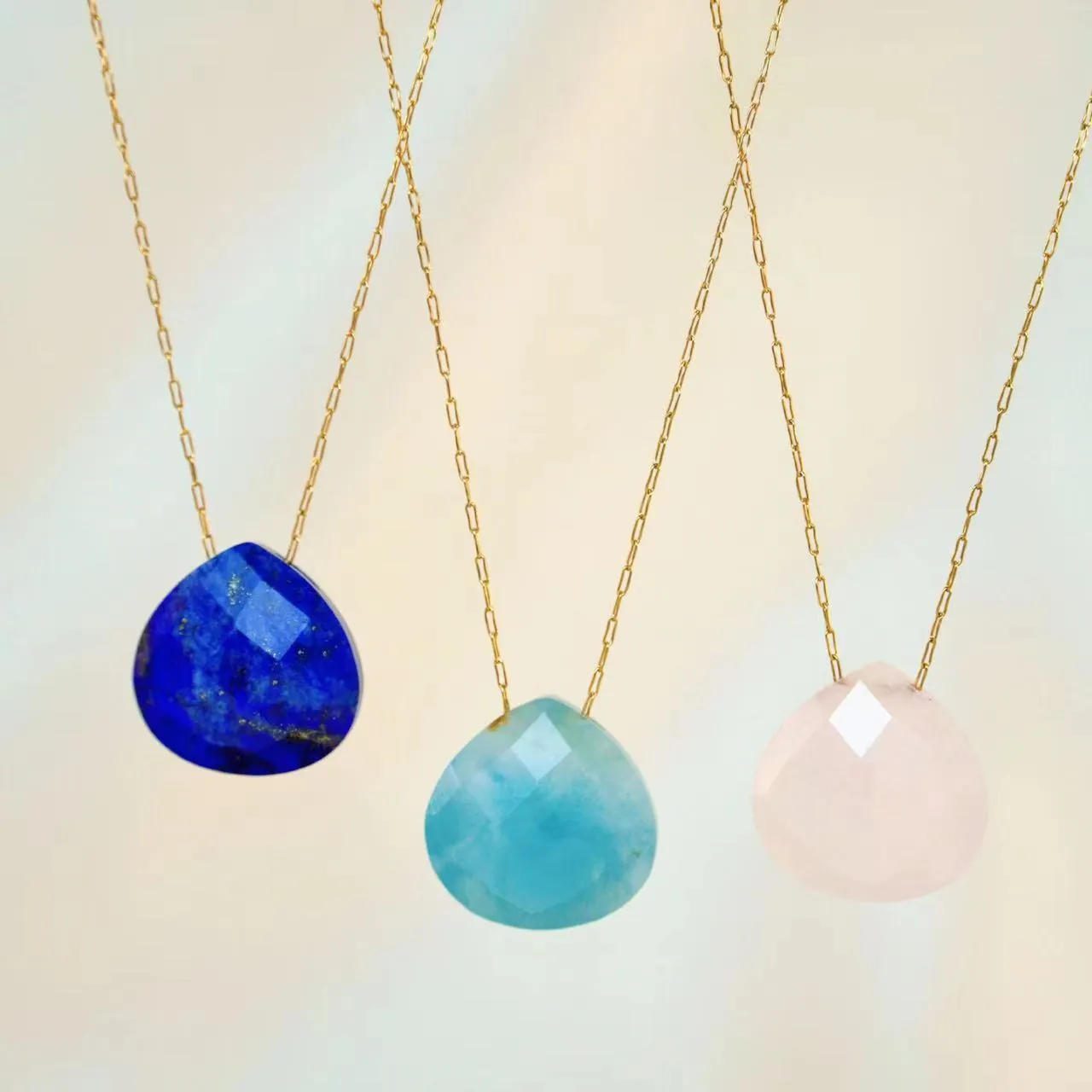 Stainless Steel Natural Stone Water Drop Pendant Necklace For Women Elegant Amazonite Lapis Lazuli Rose Quartz Jewelry