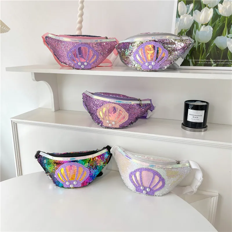 Girls Sequin Waist Bag Shell Shape Crossbody Purse With Faux Artificial Pearl Cute Shiny Chest Pack For Kids Travel