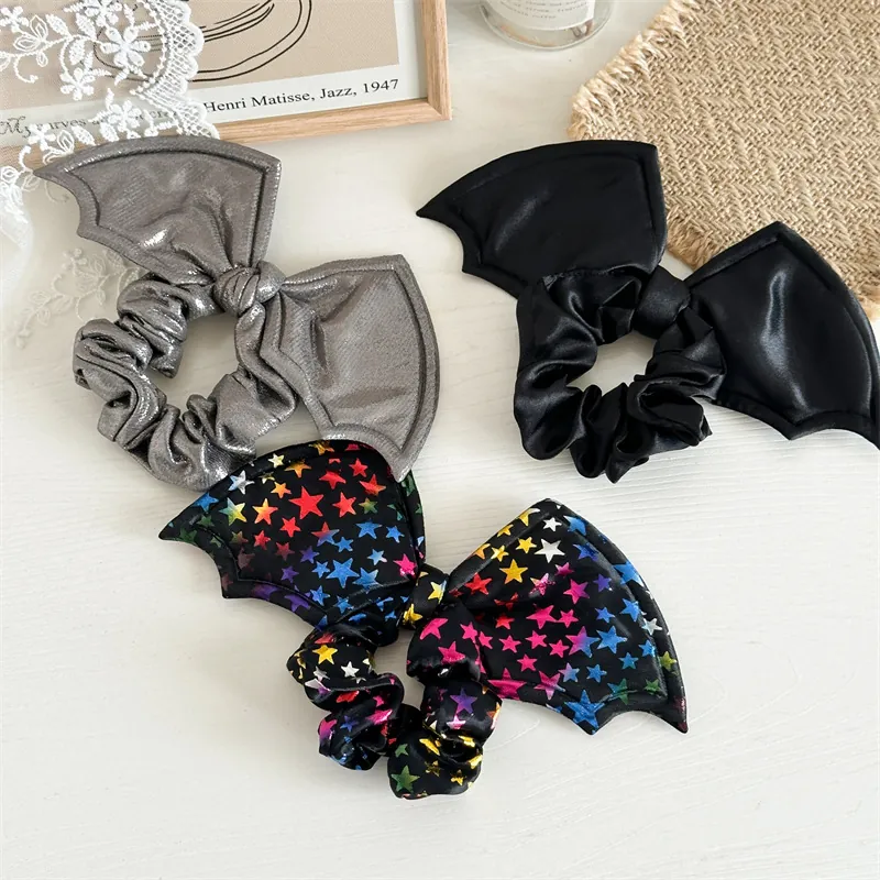 Bat Wing Bow Scrunchies Satin Metallic Shiny Star Pattern Hair Ties Halloween Goth Party Accessories For Women
