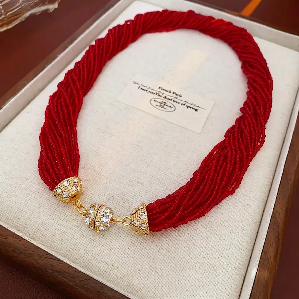 Collana Perline Multistrato Perline Di Riso Rosse Lega Strass Chiusura Magnetica Stile Francese Vintage Gioielli Donna