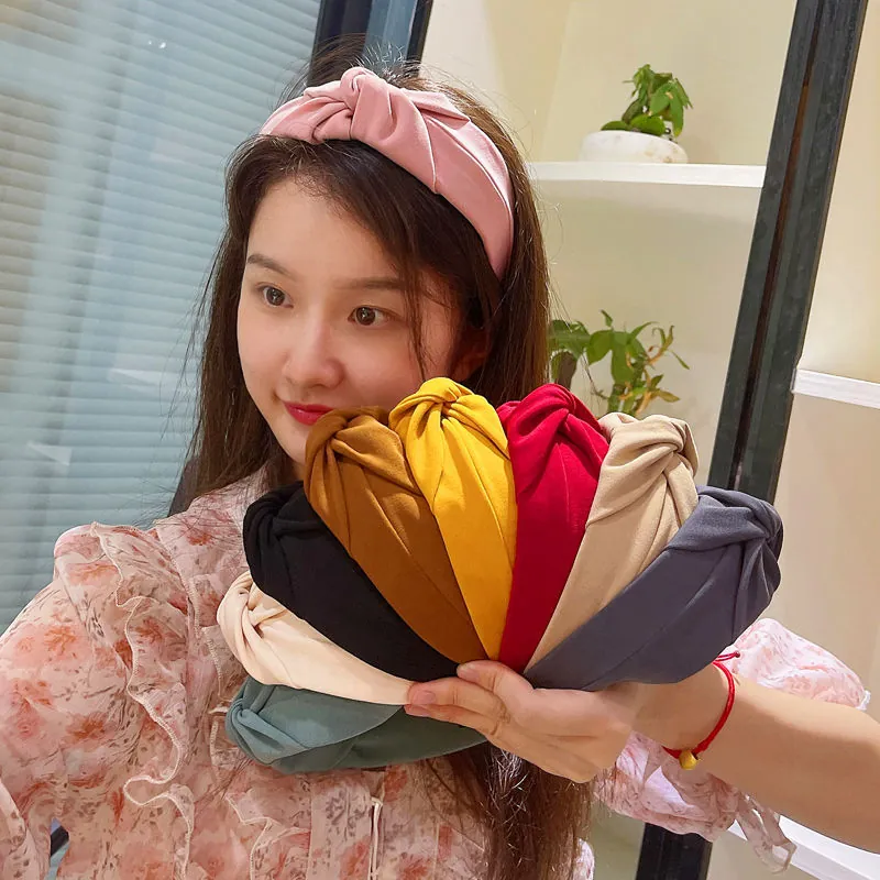 Twisted Knot Wide Fabric Headband For Women Solid Color Korean Style Handmade Hair Accessory