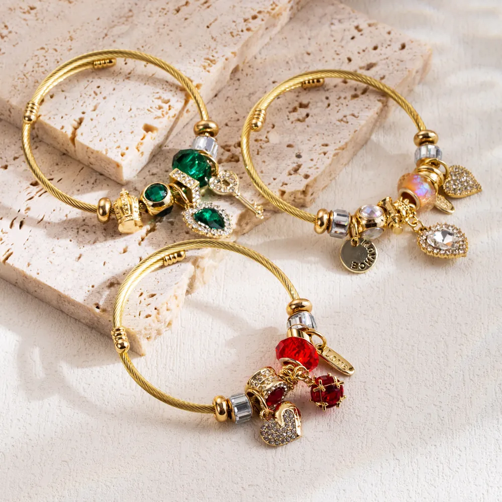 Fashion Charm Bracelet Alloy Stainless Steel Beaded Twisted Wire Open Cuff Heart Pendant Rhinestone Crystal Women Jewelry