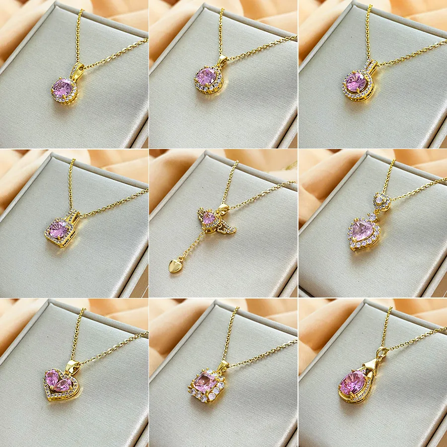 Collana Con Pendente In Zircone Rosa Acciaio Al Titanio Placcato Oro Lusso Moda Catena Clavicola Gioielli Donna