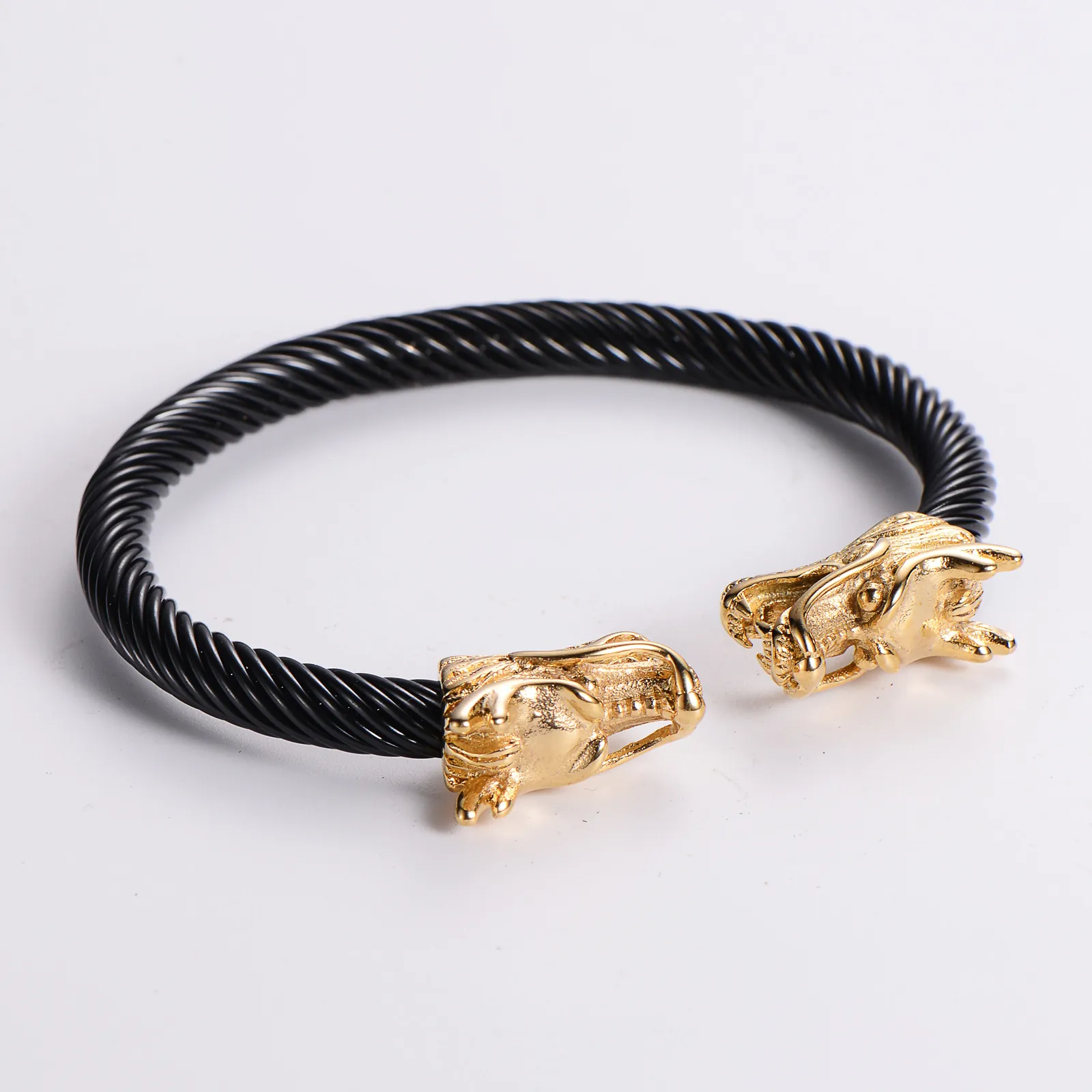 Stainless Steel Dragon Head Open Cuff Bracelet Twisted Cable Wire Bangle Vintage Punk Style For Men Jewelry