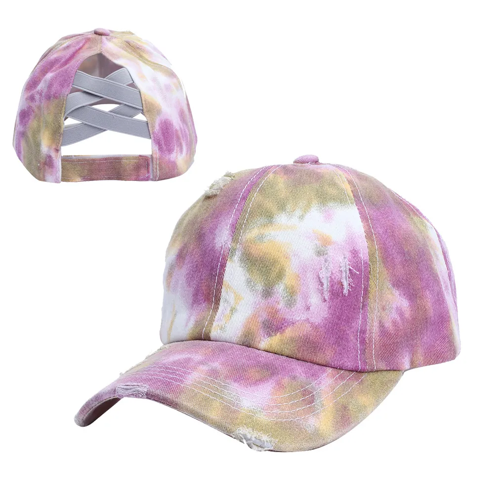 Cappellino Da Baseball Da Donna Tie Dye Coda Di Cavallo Cotone Effetto Consumato Messy Bun Incrociato Protezione Solare Regolabile