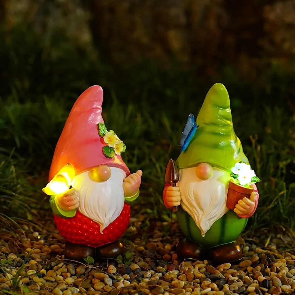 Solar Garten Zwerg Statue Außen Deko Harz Wassermelone Erdbeere Figur LED Licht Handbemalt Gartenkunst Ornament