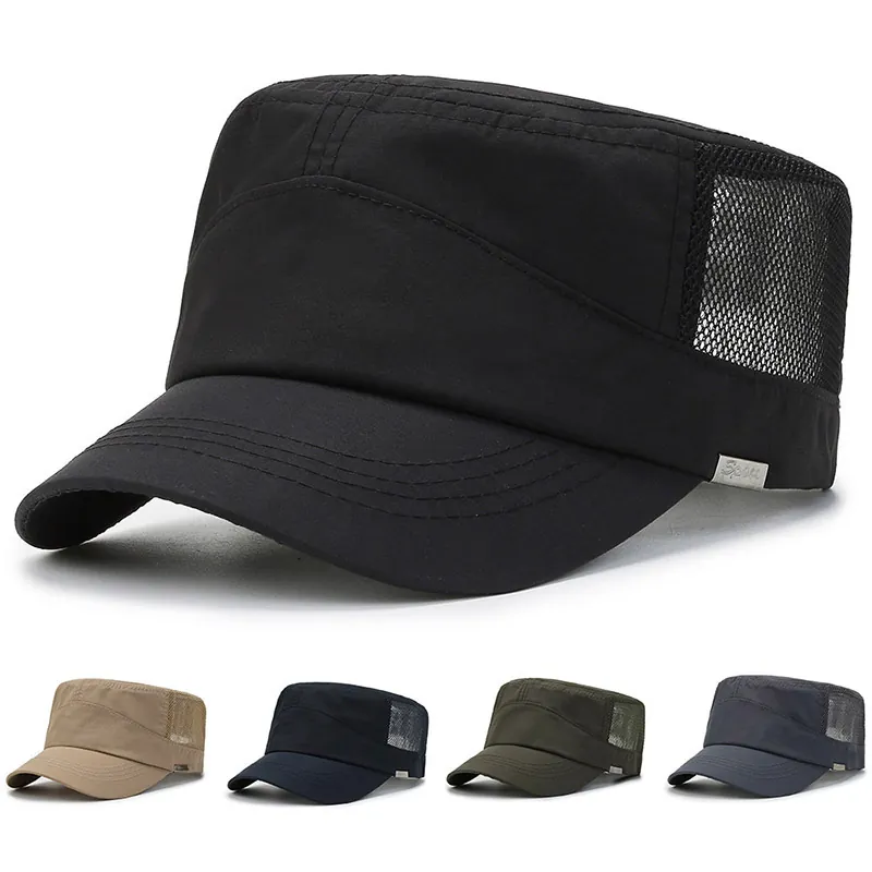 Men Breathable Mesh Cadet Cap Quick Dry Flat Top Military Style Hat For Summer Outdoor Activities Adjustable Buckle