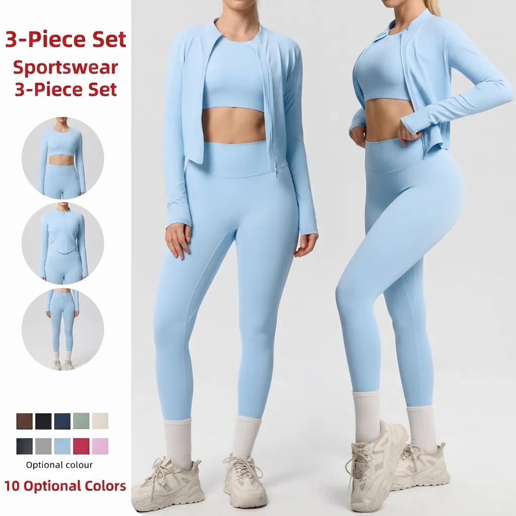 Ensemble de Yoga 3 Pièces à Taille Haute pour Femmes Vêtements de Sport Sans Couture Veste à Fermeture Éclair Soutien-Gorge de Sport et Leggings Top Und Bottom