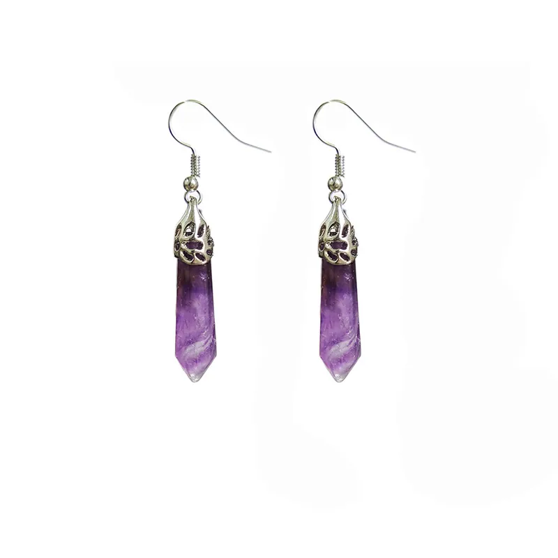Natural Stone Hexagonal Prism Dangle Earrings Crystal Point Healing Gemstone Hollow Flower Cap Bohemian Jewelry For Women
