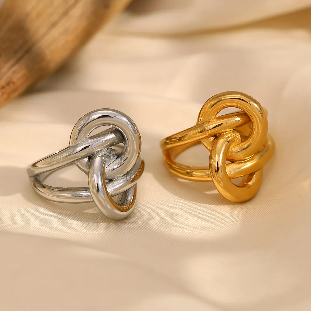 Bague Nouée Double Couche Acier Inoxydable Plaqué Or 18K Bijoux De Main Géométriques Minimalistes Pour Femmes