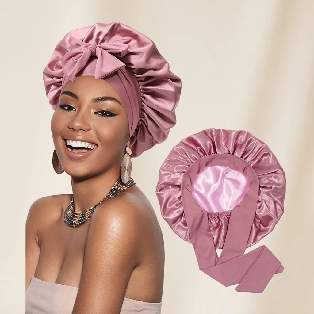 Double Layer Satin Sleep Bonnet For Women With Large Bow Knot Ribbon Tie Adjustable Hair Care Soft Polyester Sleeping Cap Head Wrap